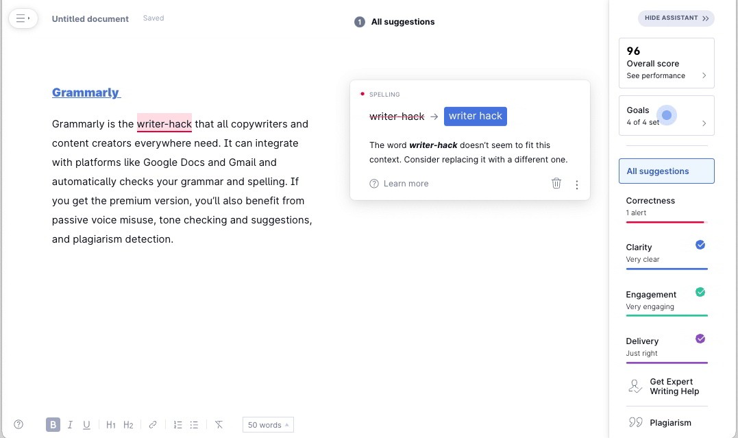 Giao diện của Grammarly
