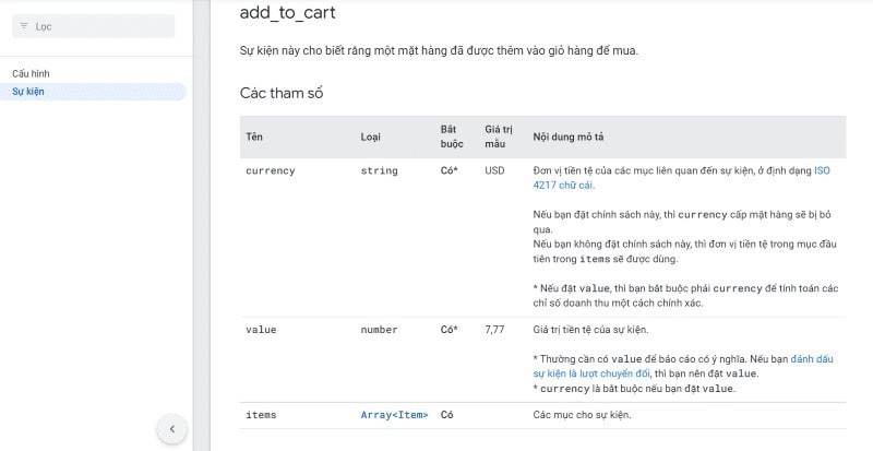 Tham số sự kiện add_to_cart