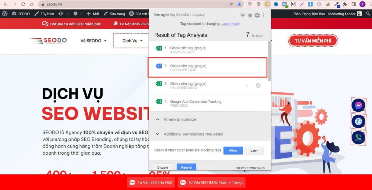 Kiểm tra kết nối SEODO v&agrave; GA4 bằng Tag Assisstant