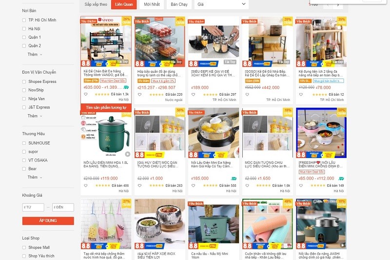 Shopee sẽ trả về trang kết quả sản phẩm tương ứng với từ khóa vừa nhập