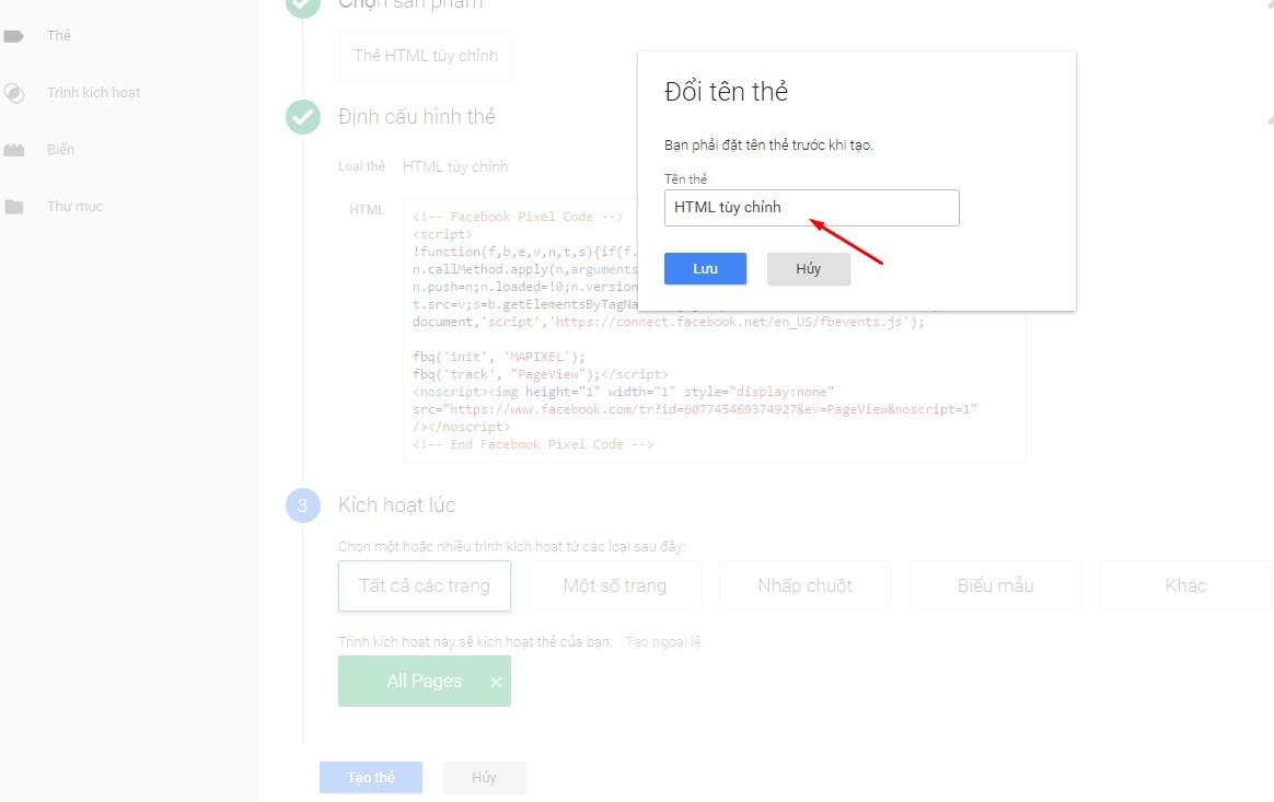 Chọn tạo thẻ và đặt tên cho thẻ Pixel Facebook