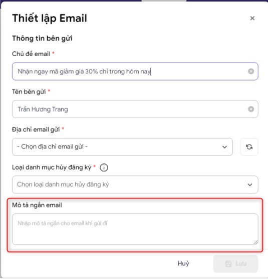 C&agrave;i đặt M&ocirc; tả ngắn nội dung email