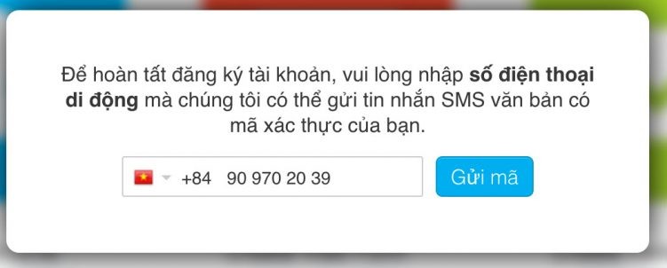 Popup gửi mã xác thực