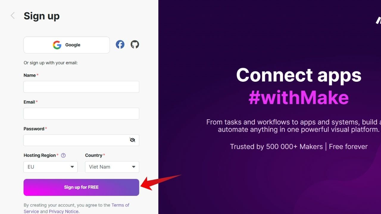 Bạn tiến h&agrave;nh chọn phương thức đăng k&yacute; rồi nhấn chọn Sign up for FREE