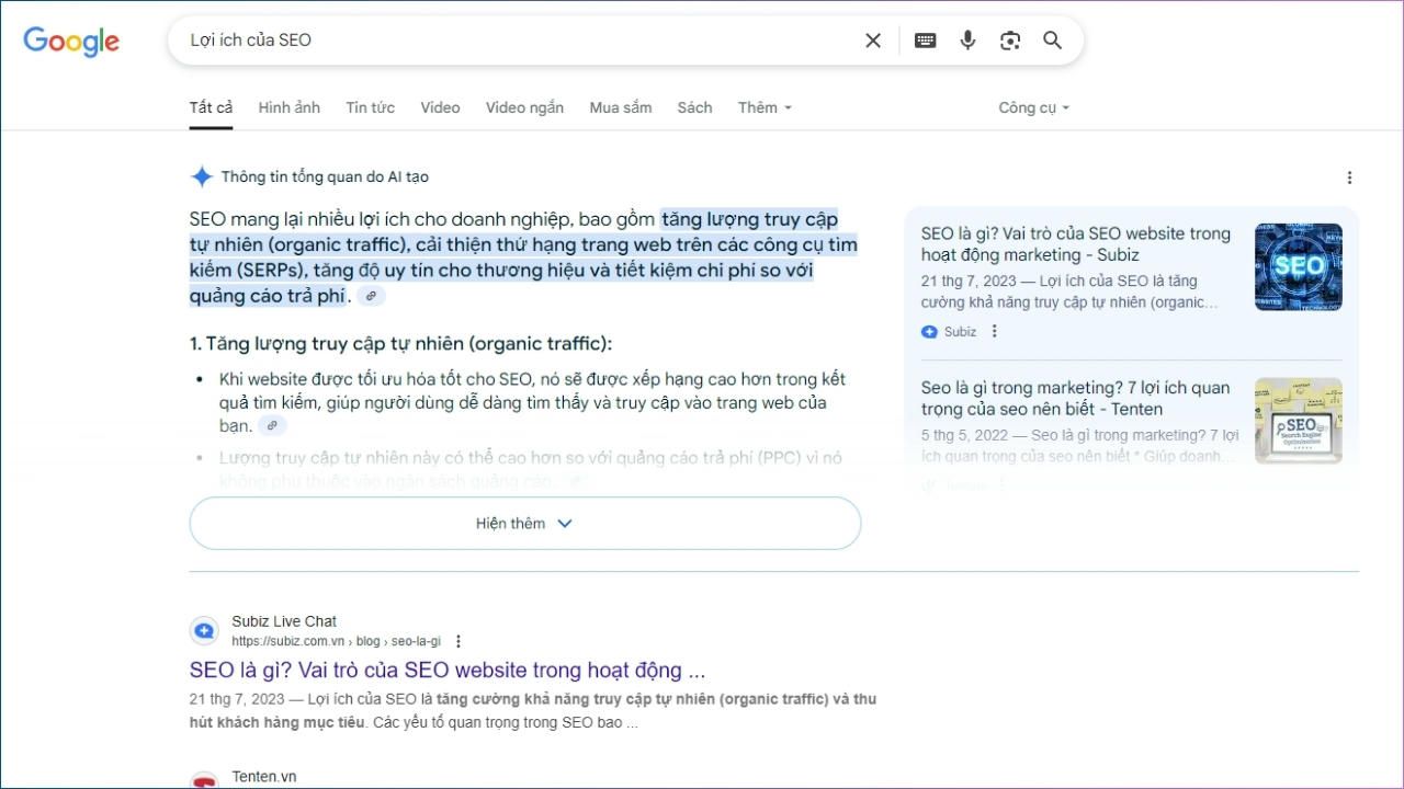 AIO tự tổng hợp thông tin từ nhiều nguồn và trình bày một câu trả lời hoàn chỉnh