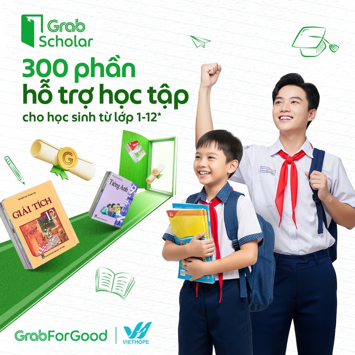 Chương trình hỗ trợ 300 suất học tập dành cho học sinh từ bậc Tiểu học đến Trung học phổ thông.
