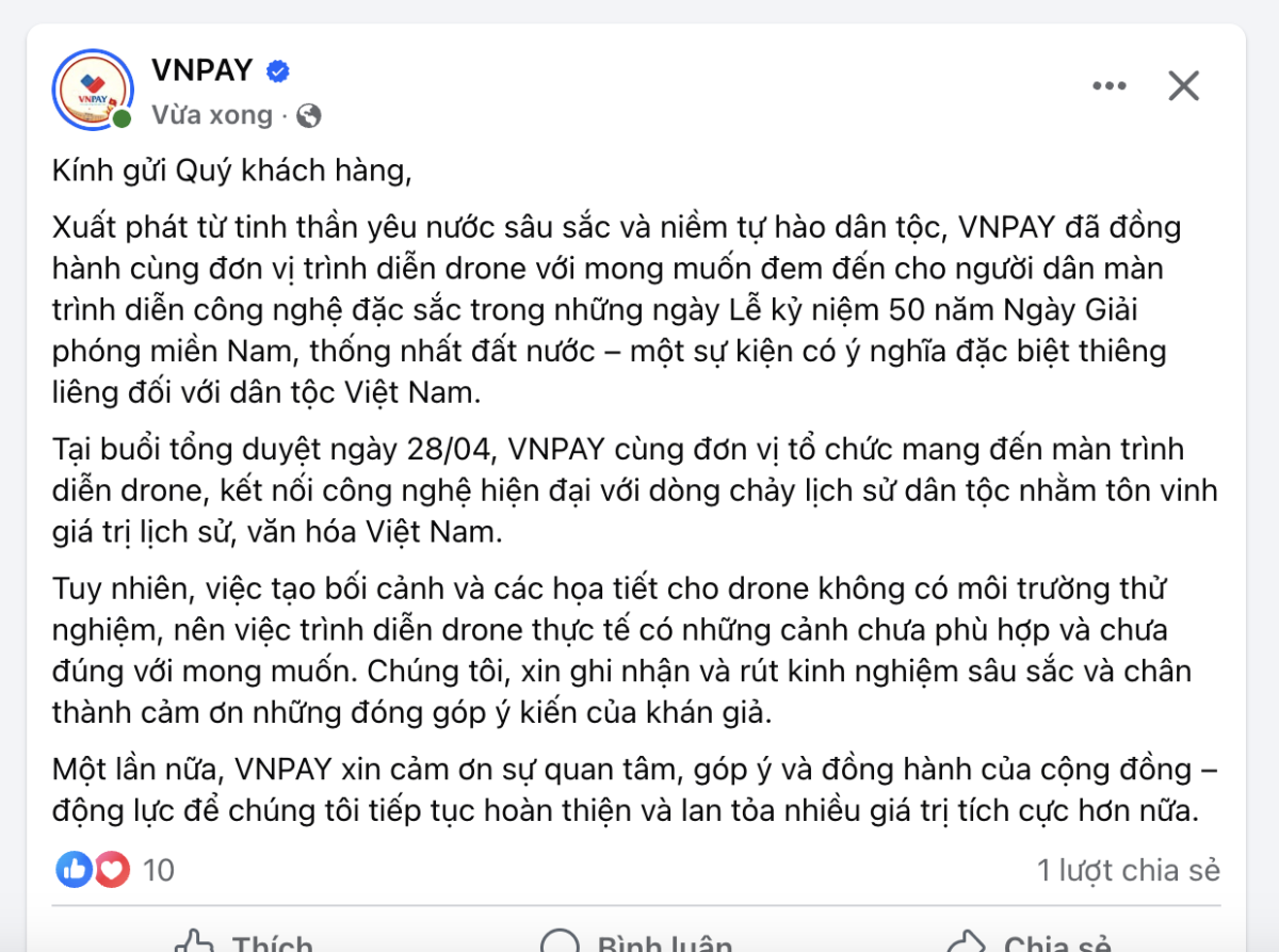 VNPAY lên tiếng sau màn tổng duyệt drone show “dày đặc” quảng cáo