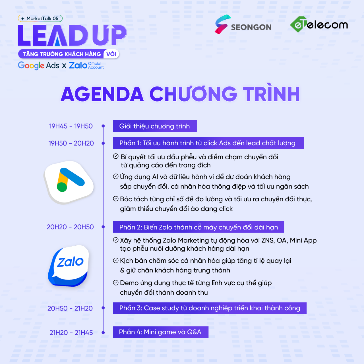 Agenda MarketTalk 05 với những nội dung chuyên sâu về quảng cáo Google và Zalo OA