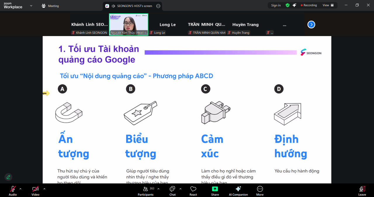 Trong phần 1, diễn giả Nguyễn Kim Thúy - Head of Ads Optimization SEONGON đã chia sẻ nhiều phương pháp thực chiến để tối ưu chiến dịch quảng cáo