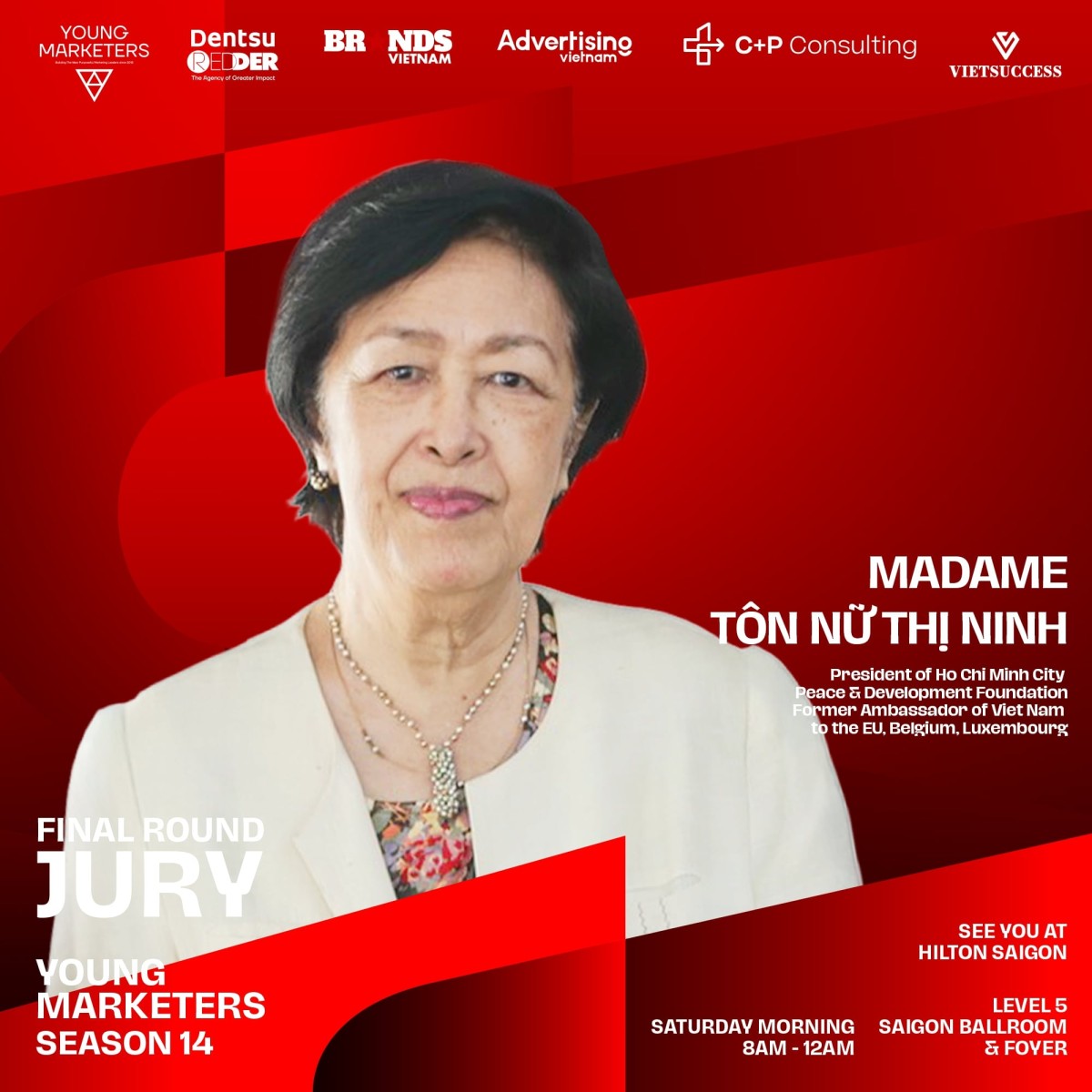 Cô Tôn Nữ Thị Ninh, Chủ tịch, Quỹ Hòa bình và Phát triển TP.HCM; Chủ tịch, Ủy ban Hòa bình TP.HCM; Nguyên Đại sứ Việt Nam tại EU và Bỉ, Luxembourg; Nguyên Phó Chủ nhiệm Ủy ban Đối ngoại Quốc hội.