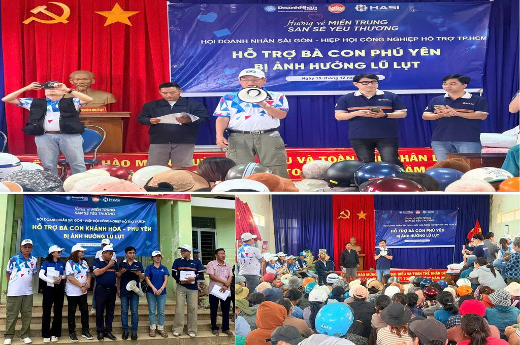 Đại diện Hội Doanh nh&acirc;n S&agrave;i G&ograve;n v&agrave; HASI chia sẻ, gửi gắm th&ocirc;ng điệp y&ecirc;u thương, lan tỏa tinh thần nh&acirc;n &aacute;i đến người d&acirc;n v&ugrave;ng lũ.