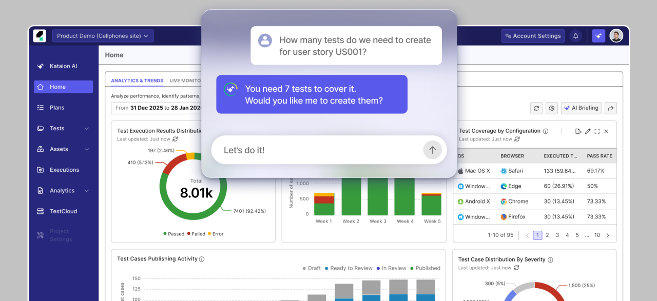 (Giao diện sản phẩm Katalon True Platform v&agrave; Katalon AI Assistant. Nguồn: Katalon.)