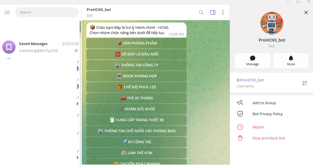 Ví dụ về giao diện của AI Assistant kết nối với Telegram