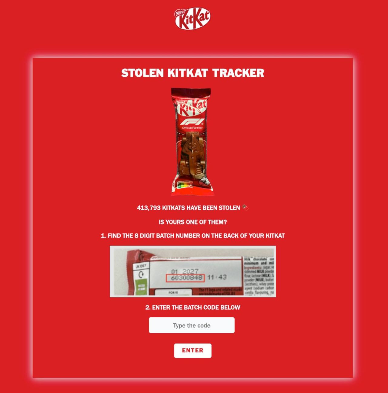 &ldquo;Stolen KitKat Tracker&rdquo; - Một c&ocirc;ng cụ cho ph&eacute;p người ti&ecirc;u d&ugrave;ng nhập m&atilde; l&ocirc; tr&ecirc;n bao b&igrave; để kiểm tra xem thanh socola họ mua c&oacute; thuộc l&ocirc; bị đ&aacute;nh cắp hay kh&ocirc;ng.