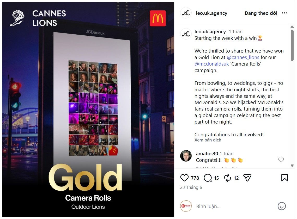 Biến album ảnh kh&aacute;ch h&agrave;ng th&agrave;nh OOH, &ldquo;Camera Rolls&rdquo; của McDonald&rsquo;s gi&agrave;nh giải Gold Outdoor Cannes Lions 2026