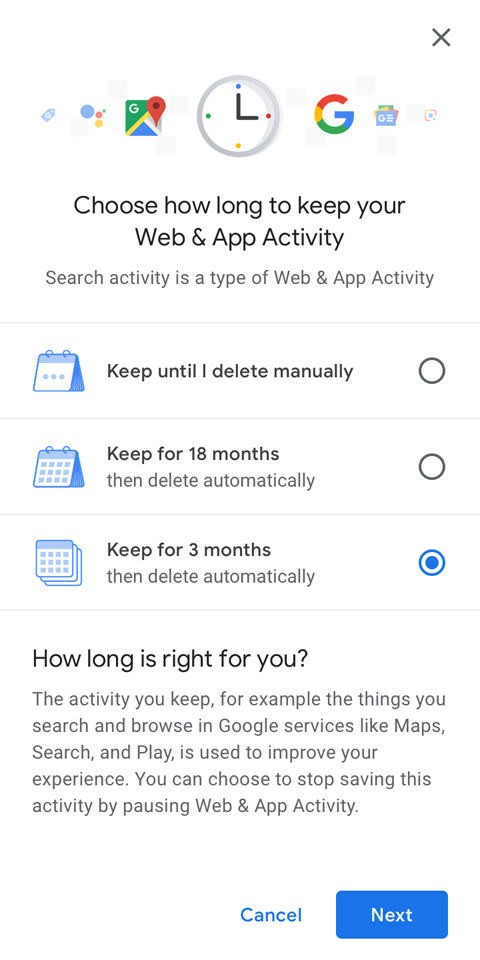 Tính năng tự động xóa lịch sử duyệt web, vị trí,... của Google.