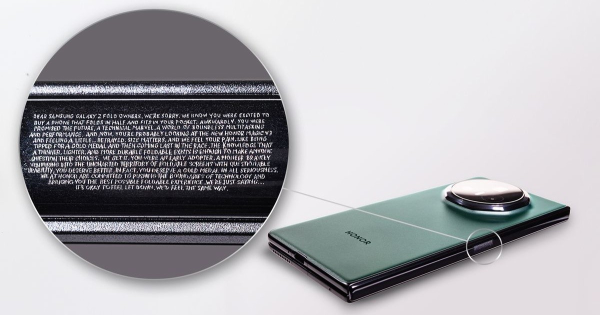 Honor khắc thư xin lỗi lên bản lề mẫu điện thoại siêu mỏng để chế giễu Samsung